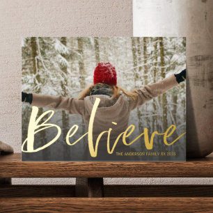 Believe Gold Script Photo Christmas Foil Holiday Postcard
