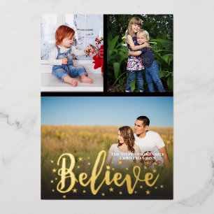 Believe Gold Stars Christmas 3 Photos Foil Holiday Card