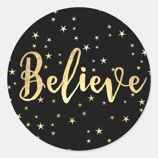 Believe Gold Stars Christmas Classic Round Sticker (Front)