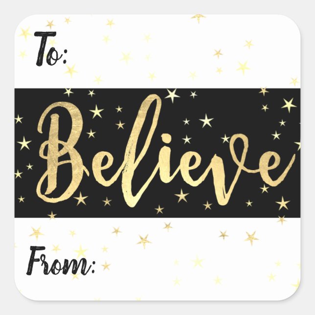 Believe Gold Stars Christmas Custom Gift Tag Label (Front)