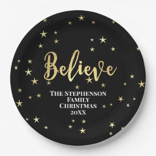 Believe Gold Stars Christmas Paper Plate