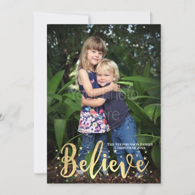 Believe Gold Stars Christmas Photo Greeting Card (Front)