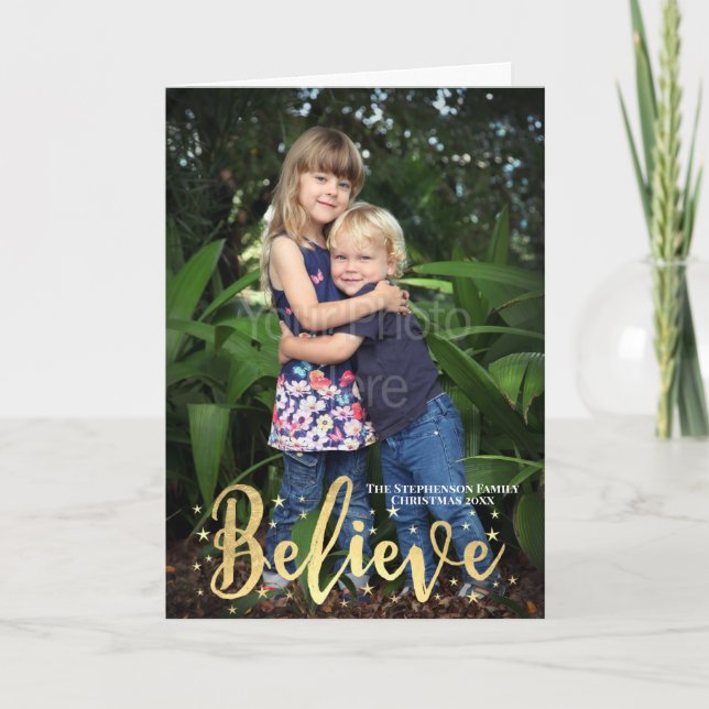 Believe Gold Stars Christmas Photo Holiday Card (Front)