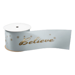 Believe Gold Text design Holiday Gift Satin Ribbon