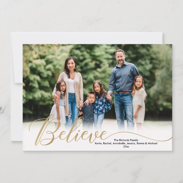 Believe gold white simple photo Christmas card (Front)