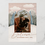 Believe. Gold winter woodland religious Christmas Foil Holiday Card<br><div class="desc">Gold cute snow winter woodland religious Christmas Holiday photo Card "Believe" in pink blush blue colours.</div>