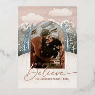 Believe. Gold winter woodland religious Christmas Foil Holiday Card
