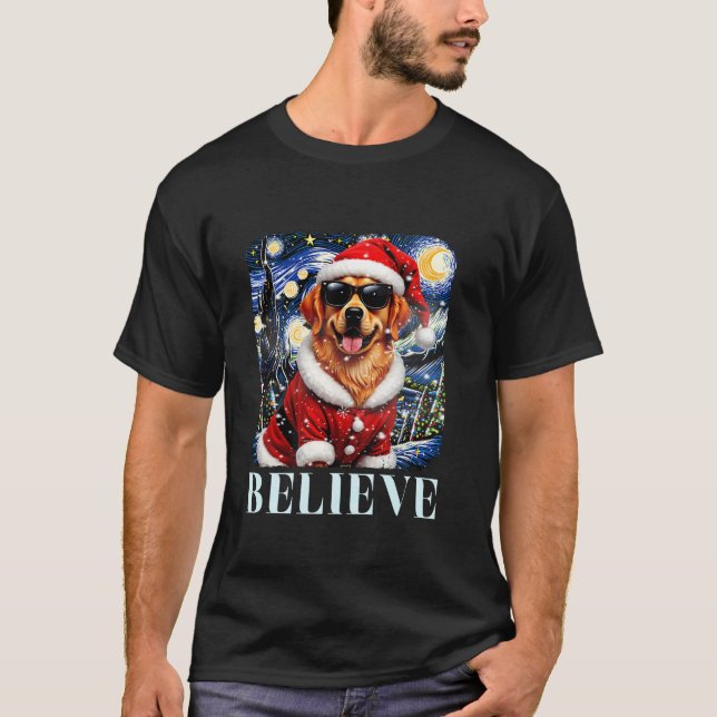 Believe Golden Retriever Dog Santa Hat Merry Chris T-Shirt (Front)