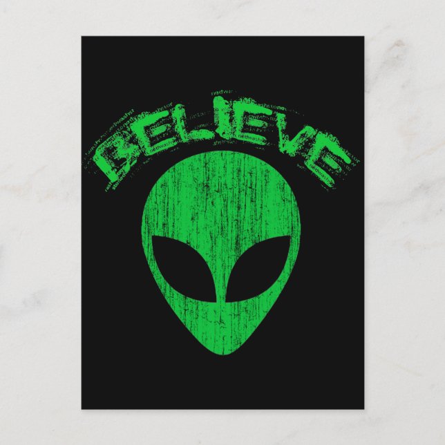 BELIEVE - GREEN ALIEN HEAD DESIGN POSTCARD (Front)