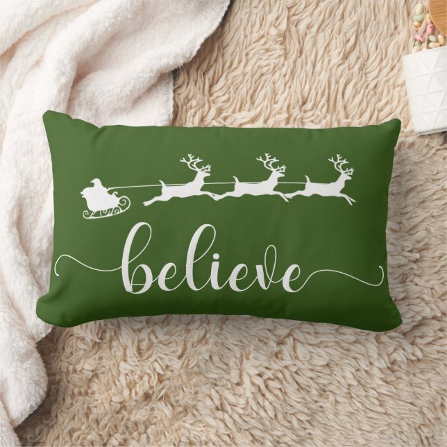 Believe | Green Christmas Holiday Lumbar Cushion (Blanket)