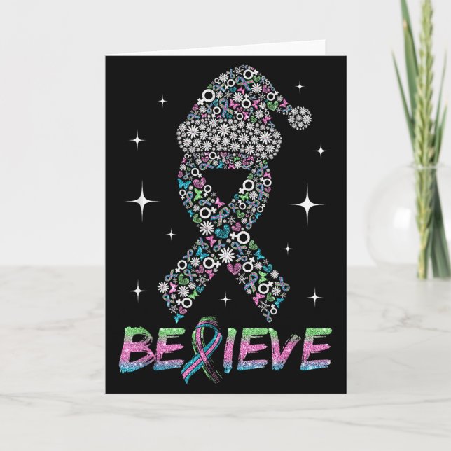Believe Green Teal Nk Ribbon Xmas Metastatic Breas Card (Front)