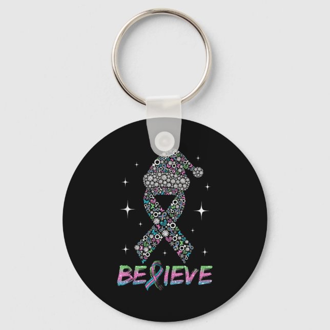 Believe Green Teal Nk Ribbon Xmas Metastatic Breas Key Ring (Front)