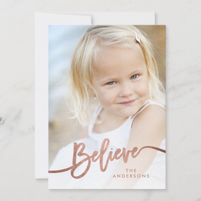 Believe Hand Lettered Rose Gold Holiday Photo (Front)