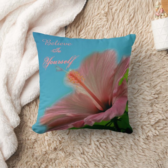 Believe Hibiscus Flower Inspirational Quote  Cushion (Blanket)