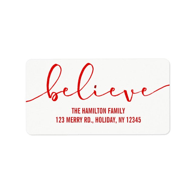 Believe HOLIDAY RED Hand Lettered Script Label (Front)
