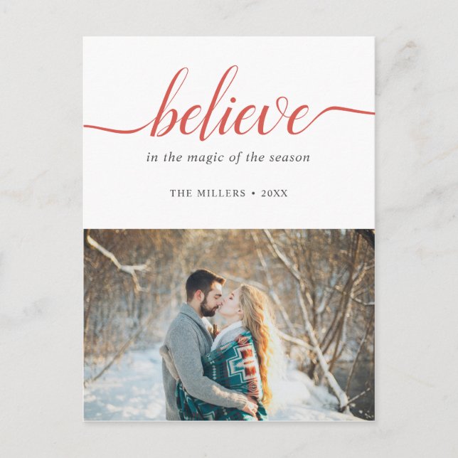 Believe Holiday Red Handwritten Font White Photo (Front)
