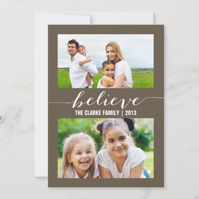 Believe Holiday Two Photo Card | Taupe (Front)