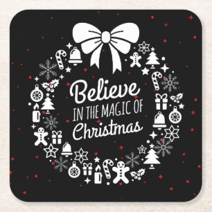 Believe in Christmas Chalkboard Holiday Wreath Square Paper Coaster