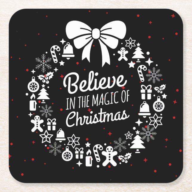 Believe in Christmas Chalkboard Holiday Wreath Square Paper Coaster (Front)
