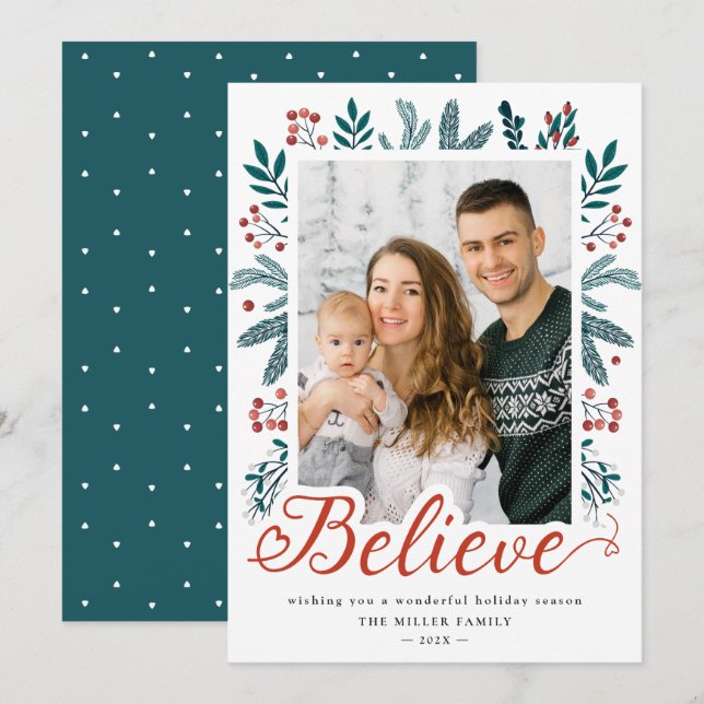 Believe in Christmas Holly and Pine Berries Photo Holiday Card (Front/Back)