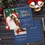 Believe in Christmas magic 2 family photos blue Foil Holiday Postcard<br><div class="desc">Modern holiday greeting postcard featuring one of your favourite Christmas family portraits on the left complemented by a real gold foil frame and wording that reads "Believe in the magic of Christmas" on the right over a classic blue background, customisable with your own greeting message. The back of the postcard...</div>