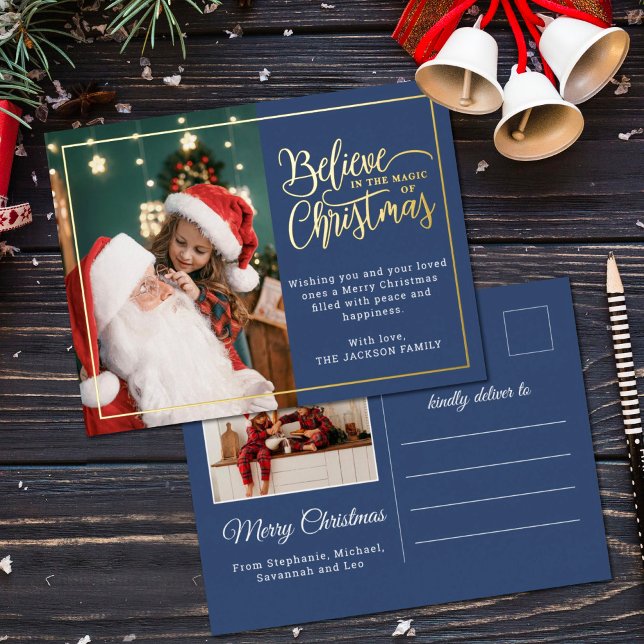 Believe in Christmas magic 2 family photos blue Foil Holiday Postcard (Creator Uploaded)