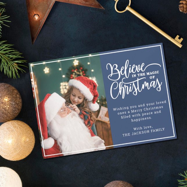 Believe in Christmas magic 2 family photos blue Holiday Card (Creator Uploaded)