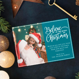Believe in Christmas magic 2 family photos teal Holiday Card