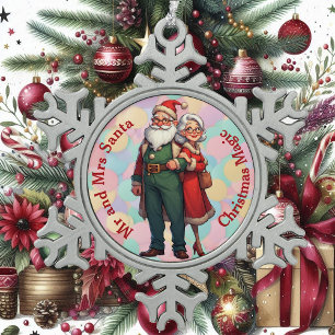 Believe in Christmas Magic Mr and Mrs Santa Claus Snowflake Pewter Christmas Ornament