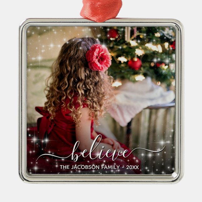 Believe in Christmas. Photo & White Stars Holiday Metal Tree Decoration (Front)