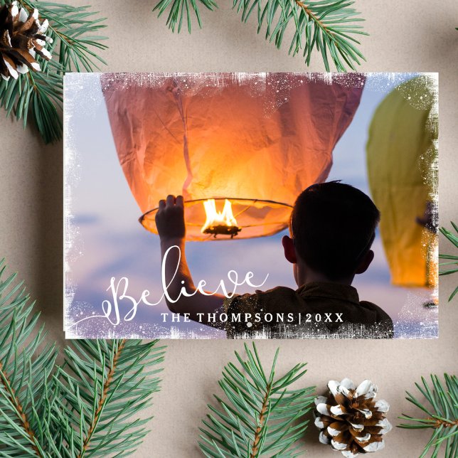 Believe in Christmas Rustic Snow Holiday Photo Card (Creator Uploaded)