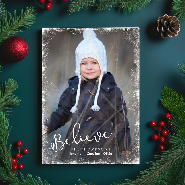 Believe in Christmas Snow Framed Holiday Photo Card (Creator Uploaded)