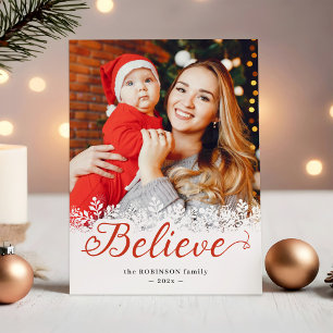 Believe in Christmas Snowfall Snowflake 2 Photo Holiday Card
