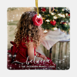 Believe in Christmas Sparkles Photo Overlay Pretty Ceramic Ornament