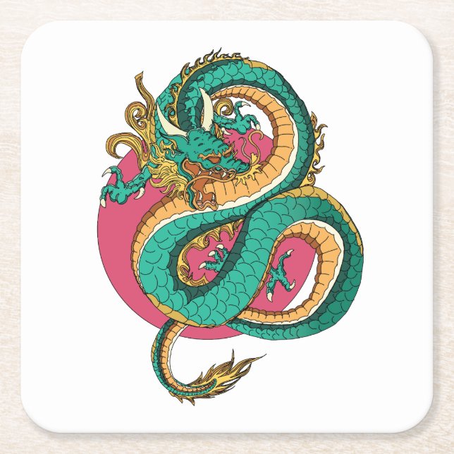 Believe in dragons square paper coaster (Front)