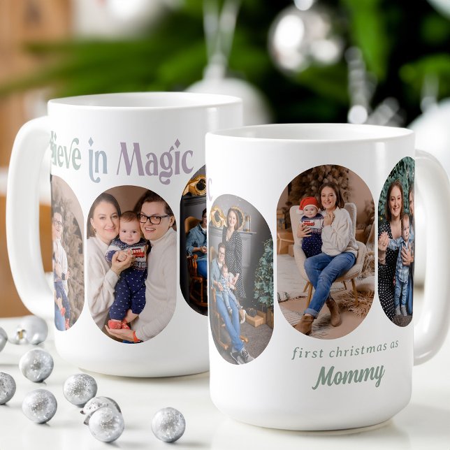 Believe in Magic 5 Rounded Lozenge Photo New Mum Coffee Mug (Believe in Magic first christmas with new baby 5 photo mug  Rounded Lozenge Photo Collage collection)