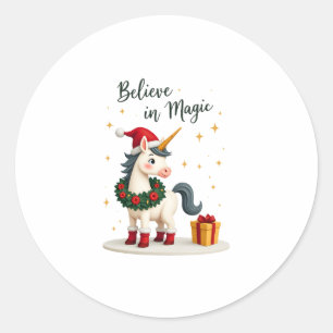 Believe in Magic Festive Unicorn wearing a Christm Classic Round Sticker