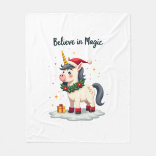 Believe in Magic Festive Unicorn wearing a Christm Fleece Blanket