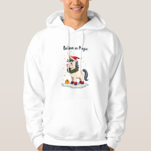 Believe in Magic Festive Unicorn wearing a Christm Hoodie