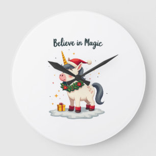 Believe in Magic Festive Unicorn wearing a Christm Large Clock