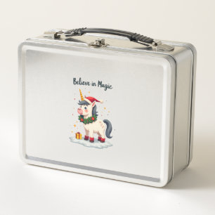 Believe in Magic Festive Unicorn wearing a Christm Metal Lunch Box