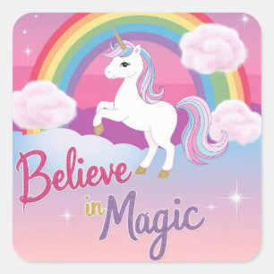 Believe in Magic with Unicorn and Rainbow Square Sticker