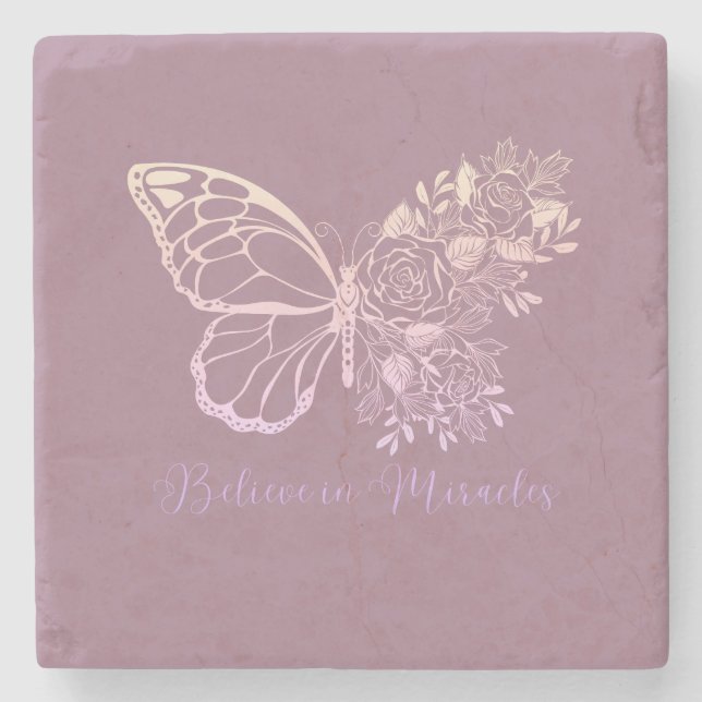 Believe in Miracles Butterfly Marble Stone Coaster (Front)