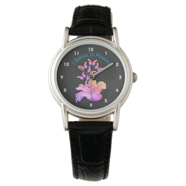 Believe In Miracles Hibiscus Flower Butterflies   Watch (Front)