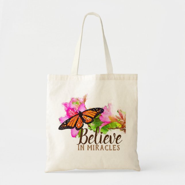 Believe in Miracles Monarch Butterfly and Orchid Tote Bag (Front)