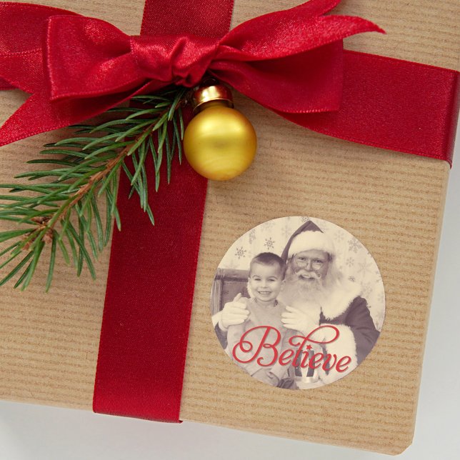 Believe in Red Script Santa Holiday Photo Classic Round Sticker (Creator Uploaded)