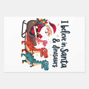believe in Santa and dinosaurs (Santa riding dinos Wrapping Paper Sheet