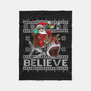 Believe In Santa Riding Shark Christmas Ugly Sweat Fleece Blanket