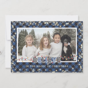Believe In the Magic Blue Plaid Photo Holiday Card