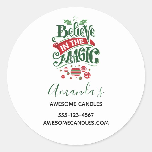 Believe in the Magic Christmas Typography Business Classic Round Sticker (Front)